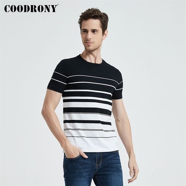 

coodrony cotton short sleeve t-shirt men brand clothing spring summer new fashion striped print o-neck tee shirt s7633 210409, White;black