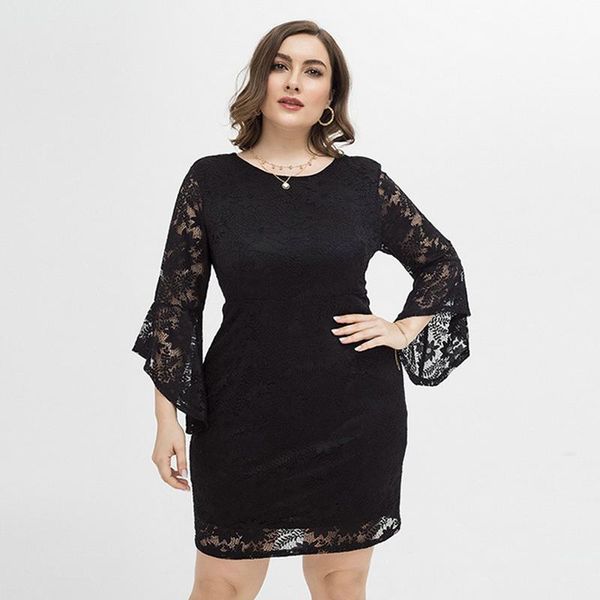 

plus size dresses for women party 4xl lace mature style and elegant temperament slim round neck mini skirt dating vacation, Black