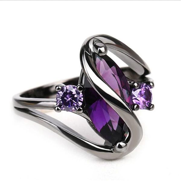 

wedding rings huitan special-interest women black plated with purple marquise cubic zirconia personality gift for party jewelry, Slivery;golden