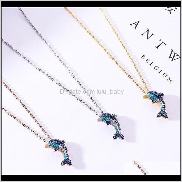 

necklaces & pendants jewelry drop delivery 2021 wholesale fashion blue rhinestone dolphin pendant titanium gold anti-allergy stainless steel, Silver