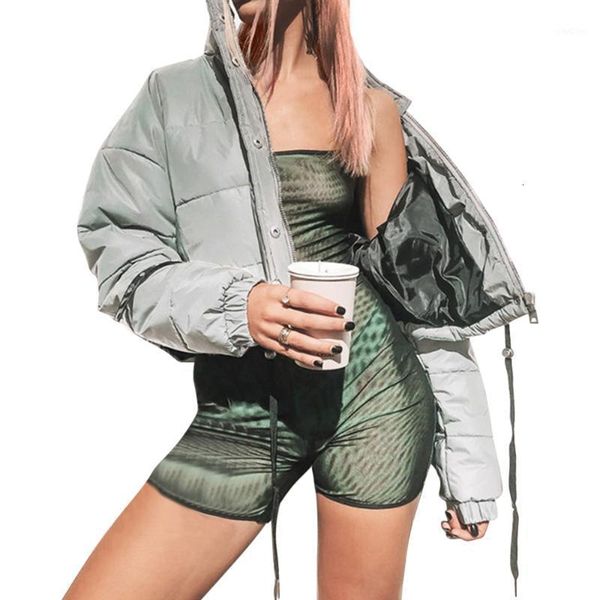 

women's down & parkas fashion flash reflective women padded jacket short warm autumn winter solid zipper oversize loose outwear coats, Black