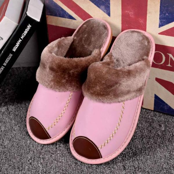

winter ladies home fashion shoes indoor couples keep warm non-slip pu artificial leather plush faux fur turf slippers women, Black