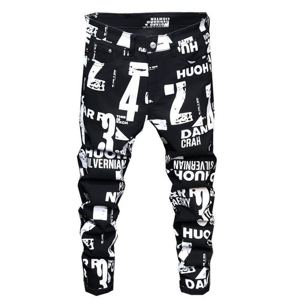 

european and american digital printing jeans mens letter graffiti painted skinny pants hip hop casual stretch denim trousers men's, Blue