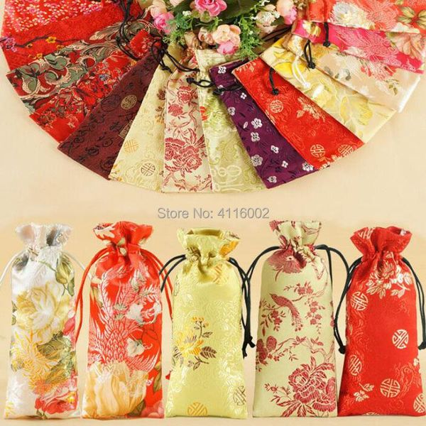 

gift wrap 100pcs patchwork flower long craft bags wooden comb jewelry necklace storage pocket silk satin packaging pouch