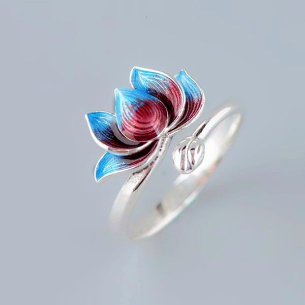 

fashion opening female ins mori series blue lotus ring simple silver jewelry, Black