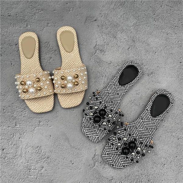 

slippers female shoes low womens outdoor luxury slides string bead 2021 soft designer flat concise cane fashion basic casual rub, Black