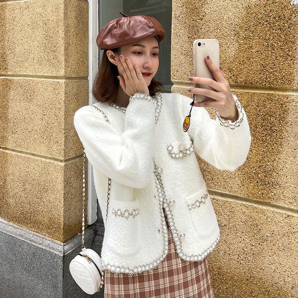 

women's jackets fashion fragrance sweater cardigan temperament korean chic hit color o neck long sleeve white woolen coat autumn jacket, Black;brown