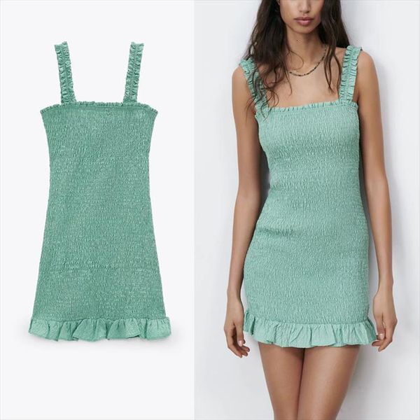 

za textured weave mini summer womens dresses sleeveless straps ruffle elastic smocked vintage beach woman green, Black;gray