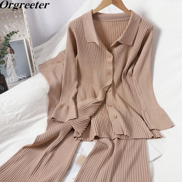 

women's two piece pants all-match solid sweater trouser suits for women autumn  stretch flare sleeve knitted high waist set, White