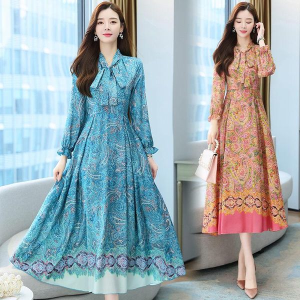 

casual dresses plus size autumn and winter dress over the knee fashion bow collar chiffon long female spring slim french floral zh1673, Black;gray