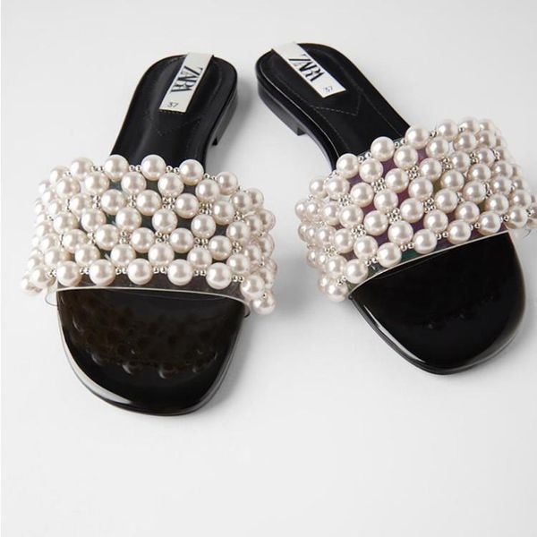 

meriahzheng women's shoes pearl flat sandals ankle-strap open toe beaded low heel flip-flops vacation roman fch-4014 slippers, Black