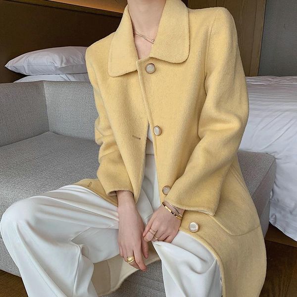 

women's wool & blends fahsion coat women long casaul 100% coats female button winter autumn straight korean clothes jackets for 2021 wp, Black