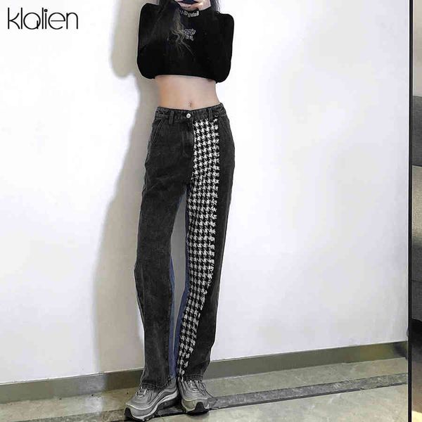 

jean fashion patchwork jeans women spring autumn straight trousers female streetwear wild casual stretch pant 2021 new, Blue