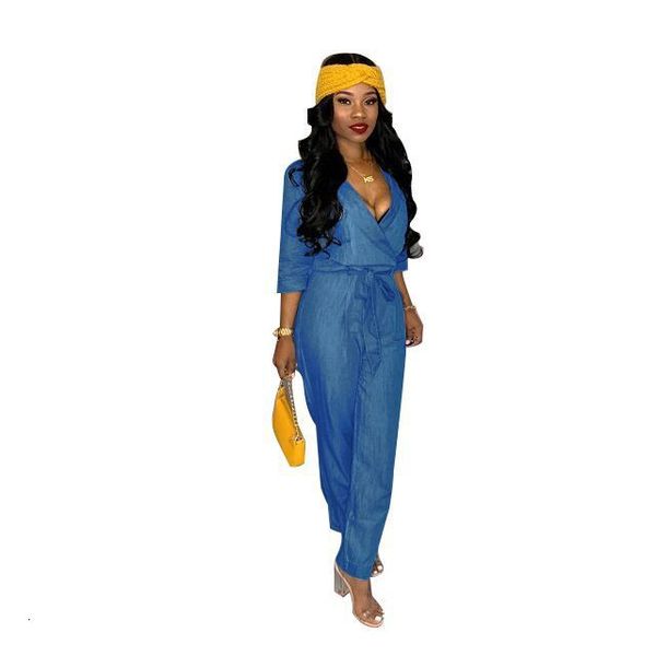 

blue soft denim jumpsuits rompers 3/4 sleeves v neck loose jeans outfits women casual full length pants fabric