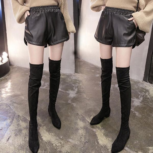 

women casual black pu leather shorts with pockets loose summer autumn plus size women's, White;black