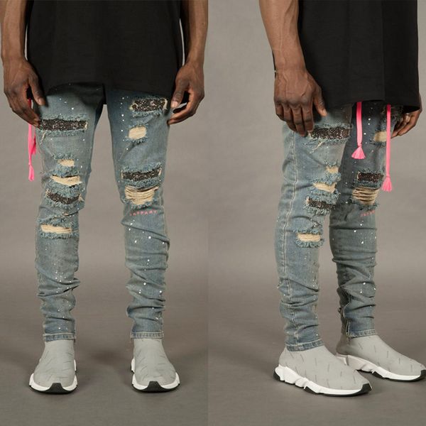 

fashion jeans men's multi part spray painted small leg with holes, Blue