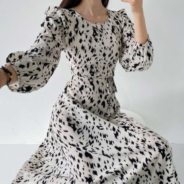 

casual dresses dress women clothesspring style elegant round neck contrast lace up waist show thin leopard print long sleeve skirt owdj, Black;gray