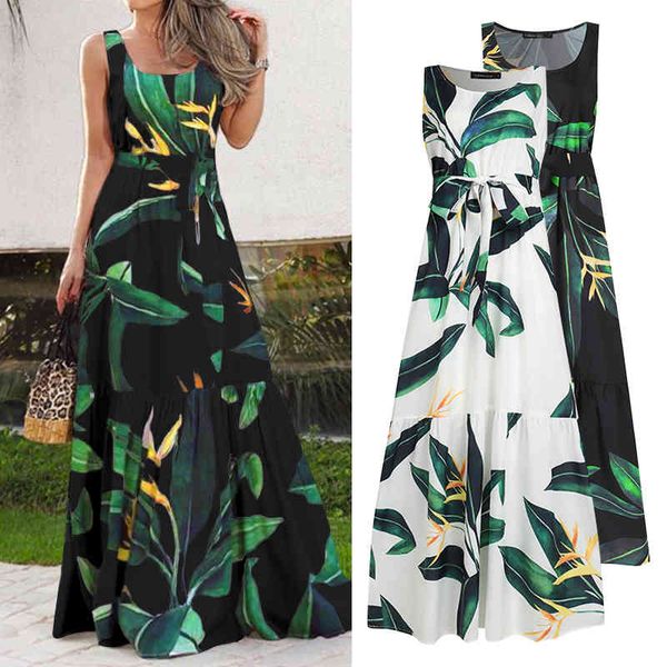 

celmia bohemian dress women summer sundress sleeveless vintage floral print casual loose ruffles party robe belted vestidos 5xl x0521, Black;gray