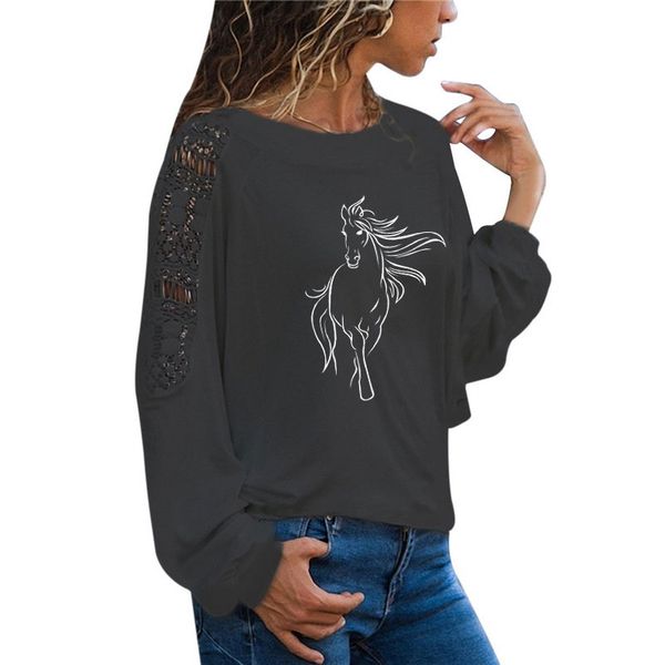 

creative horse t shirt women long sleeve o-neck t-shirt woman clothing animals girl casual loose lace tees, White