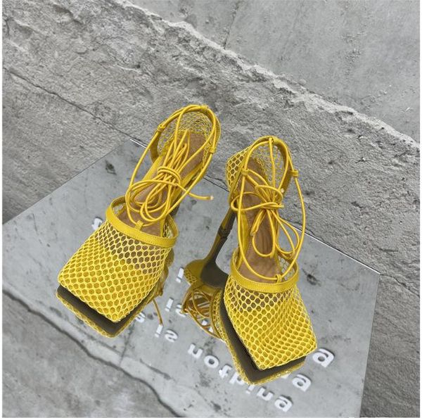 

sandals nice women yellow mesh pumps female square toe high heel lace up cross-tied stiletto hollow shoes, Black