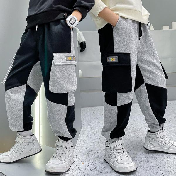 

trousers 2021 autumn teens pants with side pockets for boy black grey patchwork cargo teenage boys sweatpants clothing sport, Blue