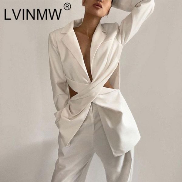 

women's suits & blazers lvinmw white notched hollow out midriff outfit cross folds pad long sleeve slim blazer women low cut temperamen, White;black