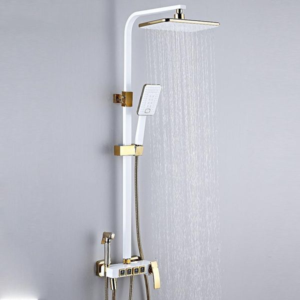 

shower set system black bath faucets bwaterfall thermostatic mixer tap rain bathtub faucet showers button pressing bathroom sets