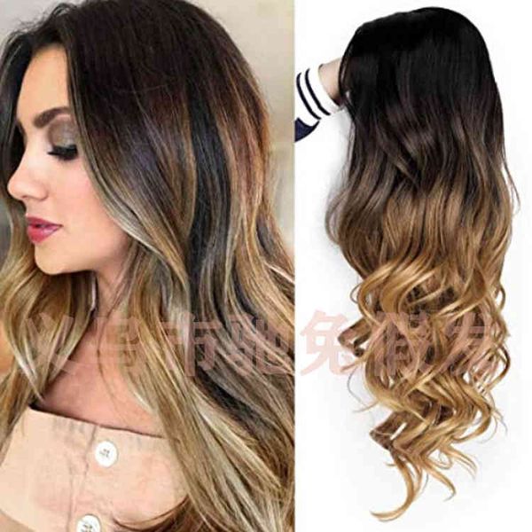 

wig medium length curly hair big wave women's gradual change brown yellow chemical fiber head cover, Black;brown