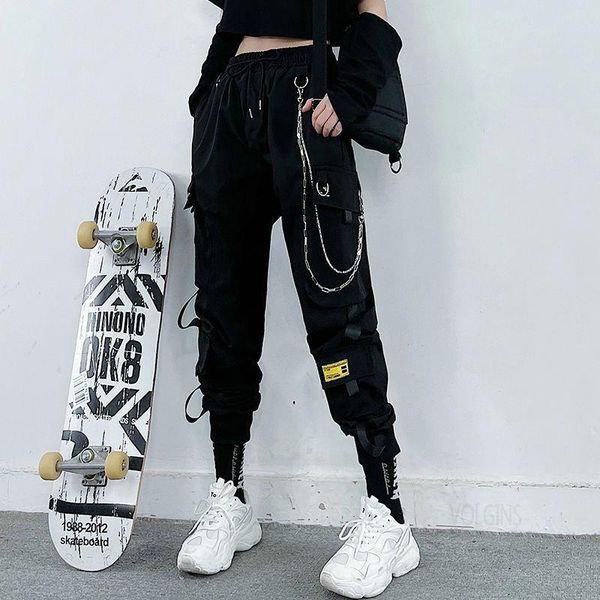 

women's pants & capris harajuku black cargo women chain wide leg hiphop streetwear loose female baggy oversize korean style trousers, Black;white