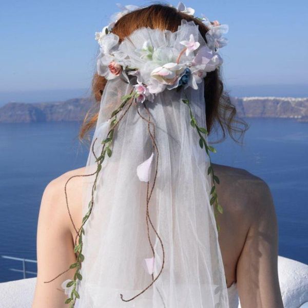 

bridal veils womens wedding garland tulle veil seaside holiday rainbow artificial flowers crown long vine ribbon headband hair wreath, Black