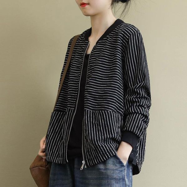 

women's jackets 2021 spring autumn korea fashion women long sleeve casual striped short coats cotton loose zipper big size m494, Black;brown