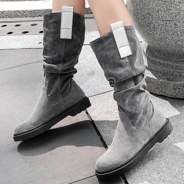 

boots women mid-calf casual flat western cowgirl shoes fall winter round toe long size 34-43 g795 kkqx, Black