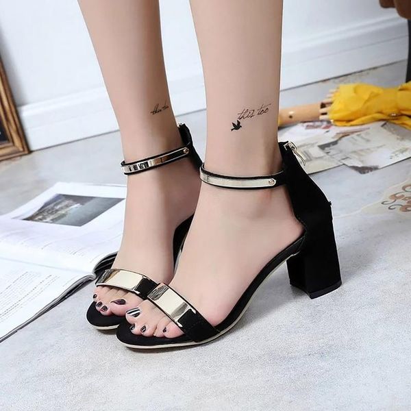 

sandals 2021 summer solid slippers buckle thick heel ladies roman zipper high-heeled versatile fashion shoes size 35-40, Black