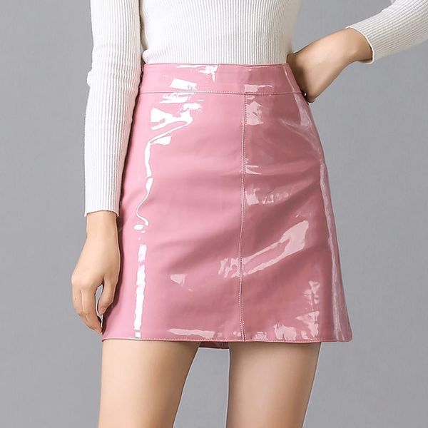 

women pu solid harajuku casual skirt spring high waist bright leather mini elegant office wear skirts a-line, Black