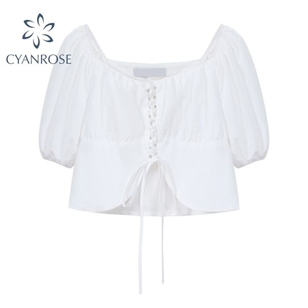

women's white crop blouses mori girl slash neck streetwear drawstring lace up design shirts female short sleeve summer 210515