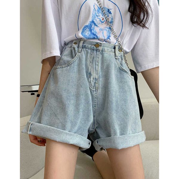 

straight tube thin high waist a-line wide leg summer denim shorts women's, Blue