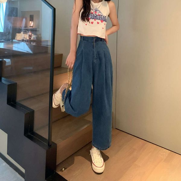 

high waist loose summer small design sense nine wide legs, Blue