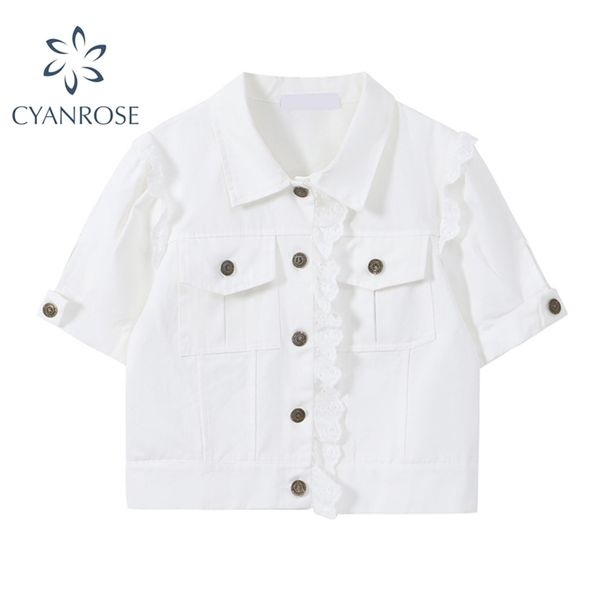 

women's cardigan white crop blouses or for ladies trendy streetwear lapel elegant shirts ruffle buttons casual ins 210430