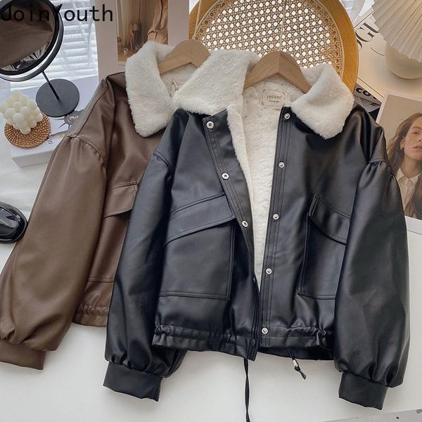 

women's jackets joinyouth plush pu leather long-sleeve jacket women winter korean large pocket loose single breasted streetwear coat, Black;brown