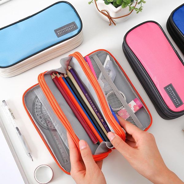 

three-layer big pencil case canvas stationery box school cases student cute pen solid color bag for boy and girl bags