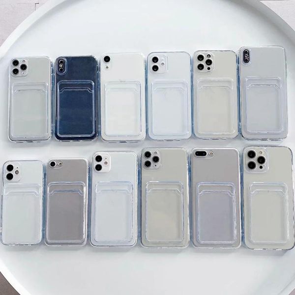 Capa de TPU macia com slot para cartão de crédito para iPhone 15 14 13 Pro Max 12 11 XR X XS 10 8 7 Plus Phone15 Fine Hole Clear Crystal Transparente Silicone Smart Phone Capa traseira