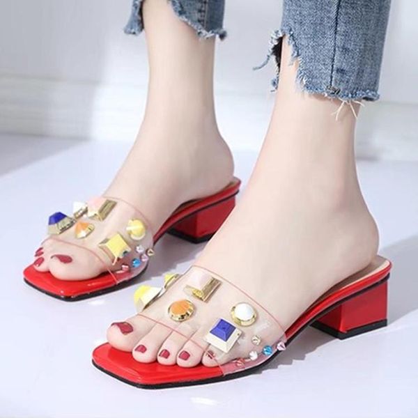 

slippers women shoes rivet transparent slides casual mules summer 2021 high heels pvc rubber beach bling pantufa, Black