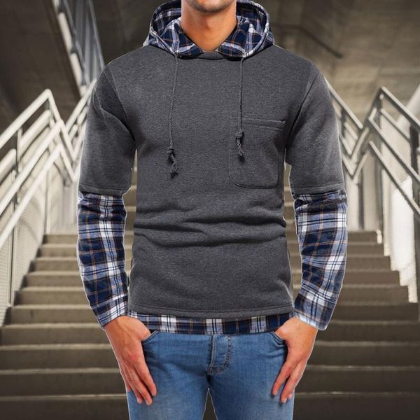

men's hoodies & sweatshirts autumn and winter stitching plaid fake two-piece pocket thick sweater oversized hooded, Black