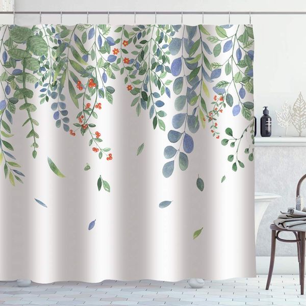 

blue green leaves shower curtain watercolor fresh spring mint green leaf botanical plant floral waterproof polyester fabric