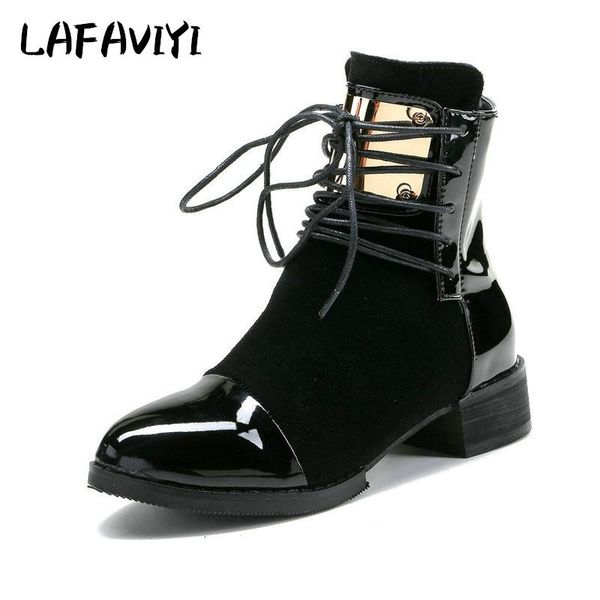 

boots 2021 winter cowhide lace-up round toe square heel fashion leather woman plus size 35-43, Black