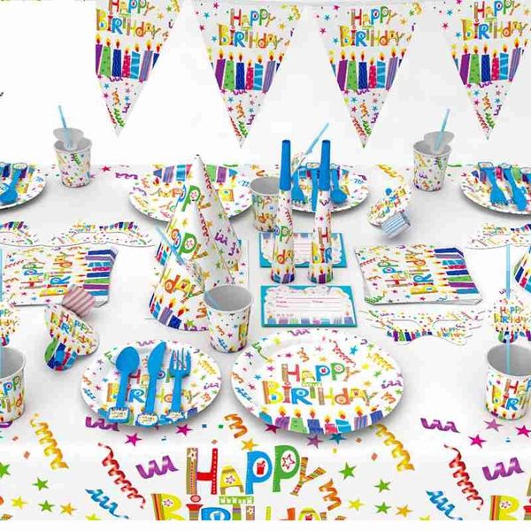 

disposable dinnerware happy birthday tableware plate flags cup horn boys girls theme party decoration baby shower supplies