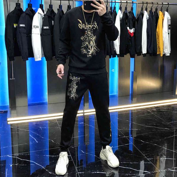

hoodies male fashion autumn red leopard fried suit pieces joint, Black