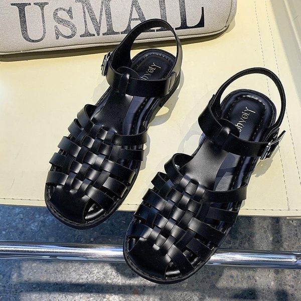 

cross weaving narrow band sandalias mujer anklebuckle square toe flats slippers vintage cut-cout gladiator sandals casual shoes, Black
