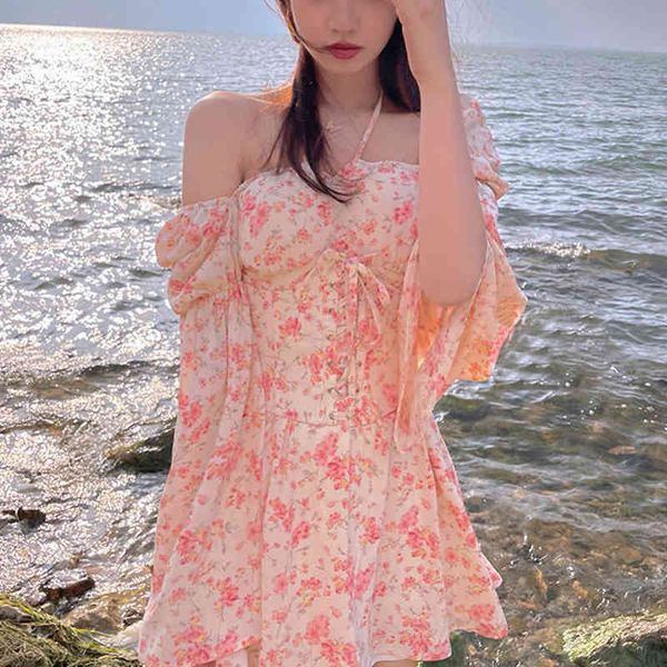 

dresses design elegant floral women casual chiffon vintage mini y2k female beach party one piece dress korean 2021 summer, Black;gray