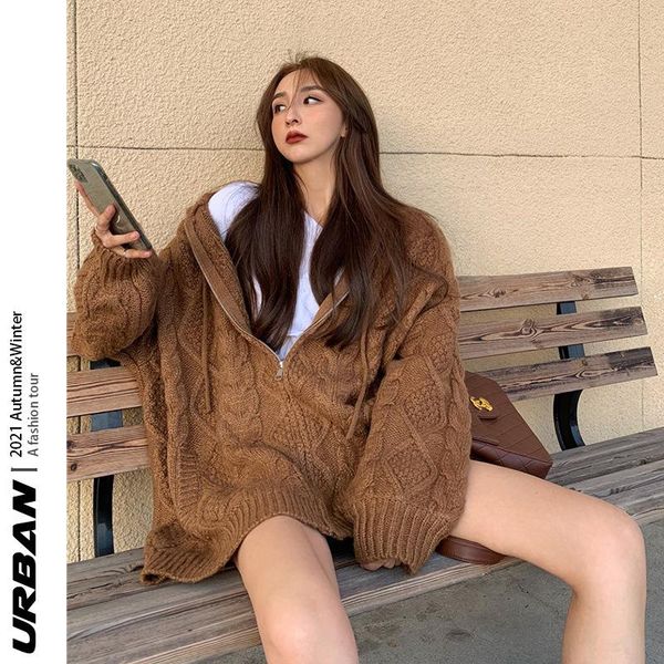 

women's jackets zipper knit cardigan coat 2021 autumn and winter clothes korean retro casual hooded sweater, Black;brown